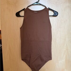Brown Sleeveless Bodysuit with High Neckline